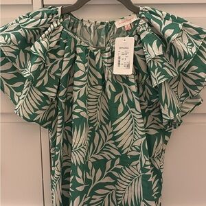 Flying Tomato Green and White Leaf Print Flutter Sleeve Blouse